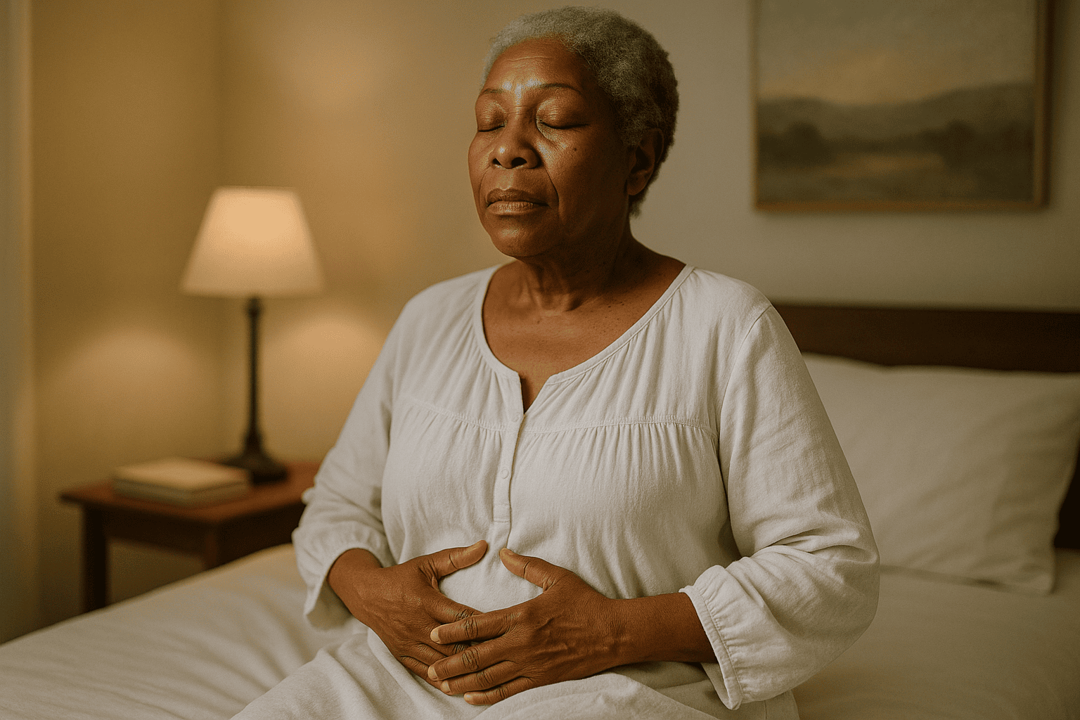 Elderly woman practices deep breathing technique to help relax before bed.