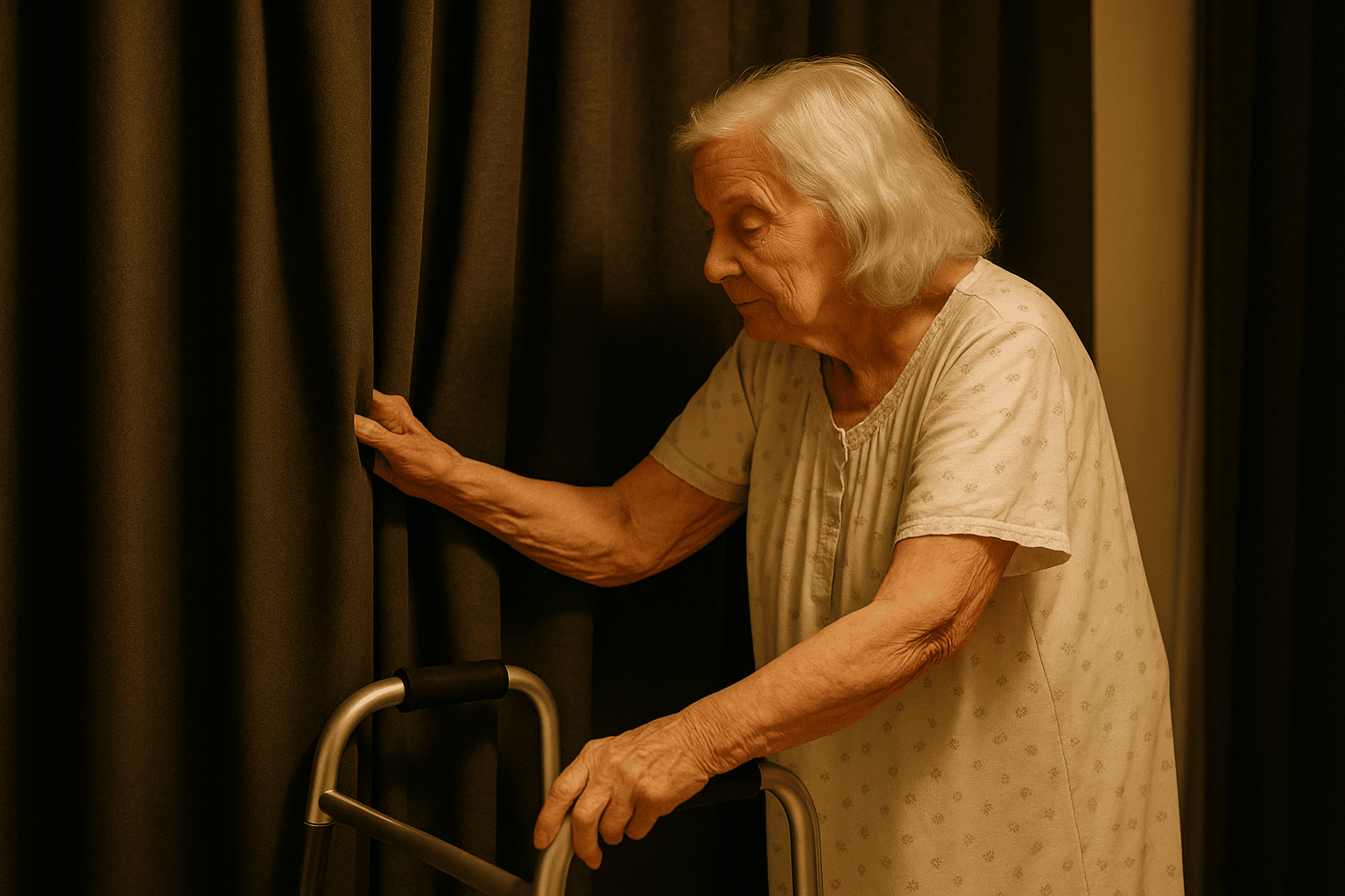 Elderly woman closes blackout curtains as she prepares for bed