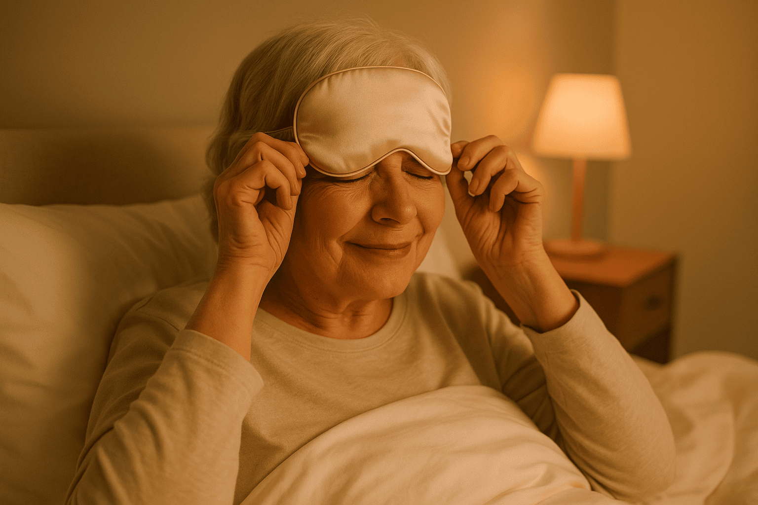 senior woman pulls sleep mask down in preparation for rest