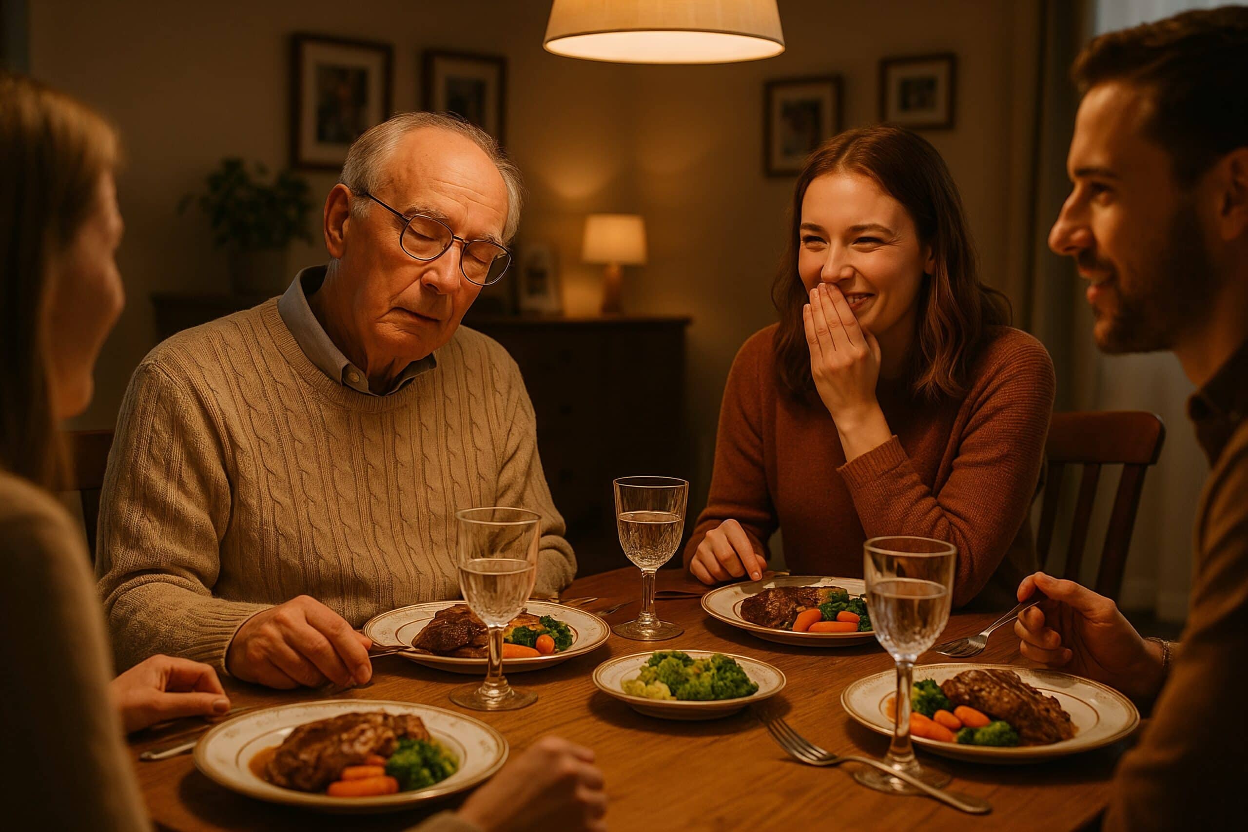 Senior man nodding off at the dinner table around 7:15 PM while younger family members continue eating.